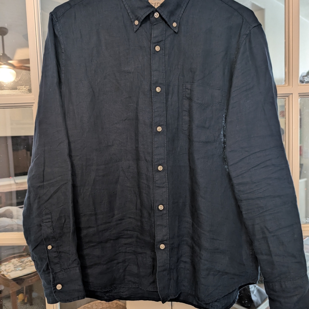 J. Crew Baird McNutt Dark Blue Casual Button-Down Linen Shirt Slim Untucked L